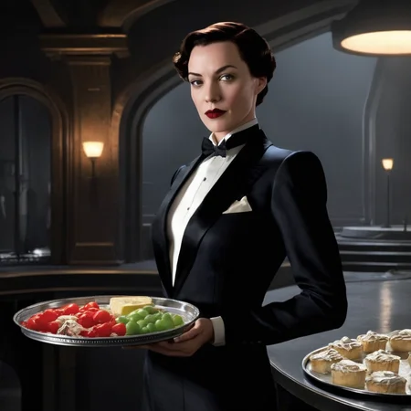 Hyperrealistic art of <lora:Alfred Pennyworth:1>
Female Alfred Pennyworth a very hot sexy dressed woman with a teasing body in a sexy tuxedo holding a tray inside batcave In Gotham City, Extremely high-resolution details, photographic, realism pushed to extreme, fine texture, incredibly lifelike