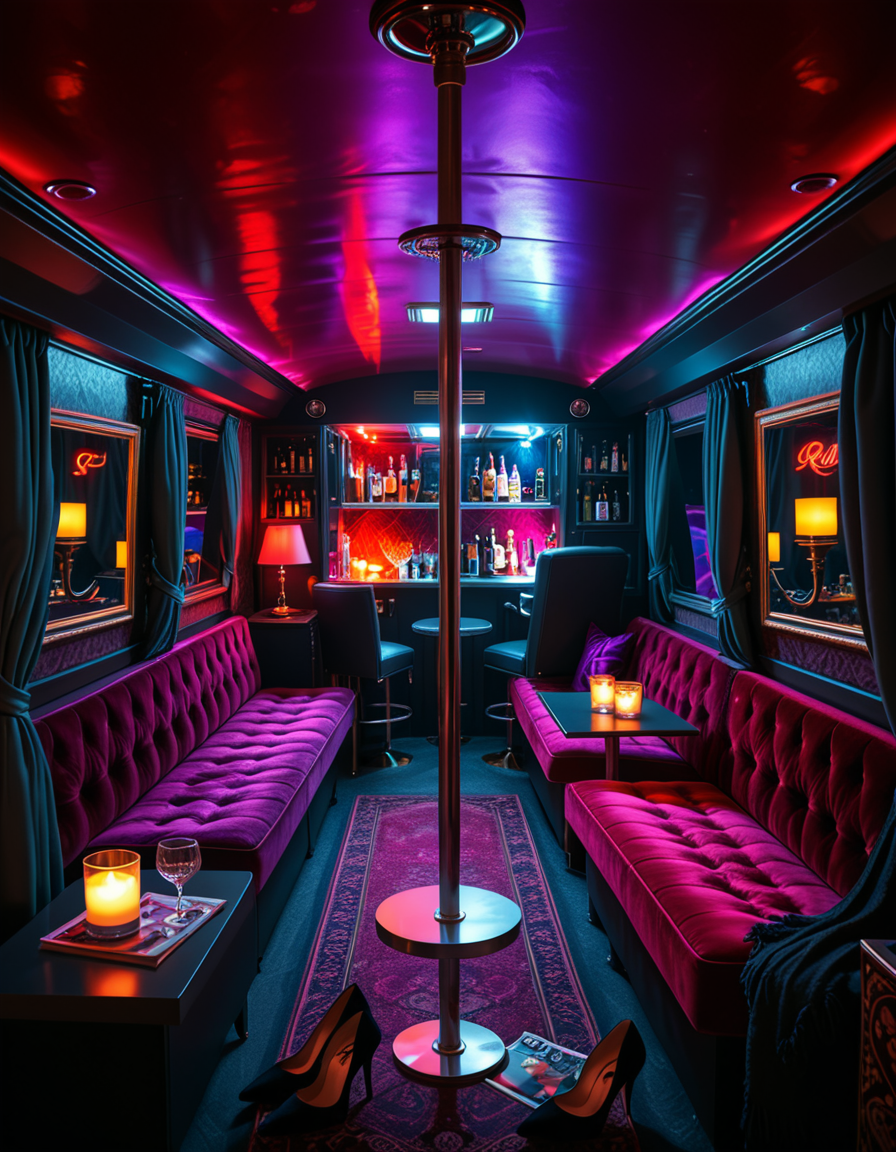 The interior of an old RV transformed into a mysterious, shady lounge with a moody and dimly lit atmosphere. The space is filled with deep red and purple lighting, creating a sultry neon glow. In the center stands a chrome pole mounted to the ceiling and floor, surrounded by plush velvet seats and low tables with half-empty glasses and flickering candles. The walls are lined with heavy curtains and faded wallpaper, giving a vintage and secretive vibe. A small bar area in the back holds various bottles and glasses, with a mirror backsplash reflecting the dim lights. The floor is covered in worn carpets and scattered with high heels, scarves, and old magazines. Subtle details hint at an underground lifestyle, without showing anything explicit. The overall ambiance is smoky, intimate, and cinematic. Highly detailed, noir-inspired, low-key lighting, retro-modern fusion style.
<lora:SDXLFaeTastic2400:0.4> <lora:extremely_detailed:0.4> extremely detailed<lora:4dult_rv:1>,4dult rv, Masterpiece,best quality,hi res,8k,hi res,8k,award winning,(sharp focus, intricate, highly detailed),