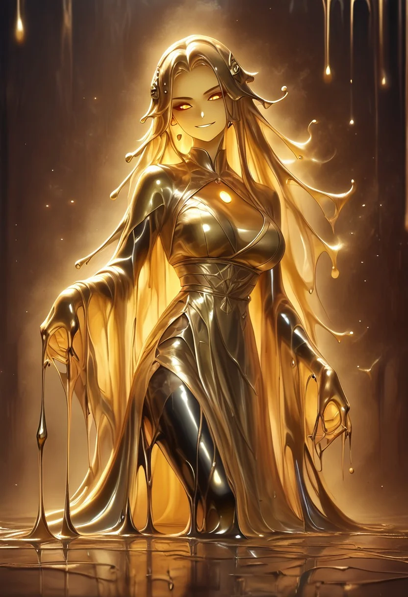 score_9, score_8_up, score_9_up, score_7_up, high quality, masterpiece, highly detailed, 1 girl, (((black slime girl))), large breasts, girl see through body. DonM5h4d0wM317XL, golden kimono dress, golden hair ornament, long hair, glowing golden eyes, sexy pose, dark forest background, smirking