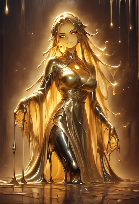 score_9, score_8_up, score_9_up, score_7_up, high quality, masterpiece, highly detailed, 1 girl, (((black slime girl))), large breasts, girl see through body. DonM5h4d0wM317XL, golden kimono dress, golden hair ornament, long hair, glowing golden eyes, sexy pose, dark forest background, smirking