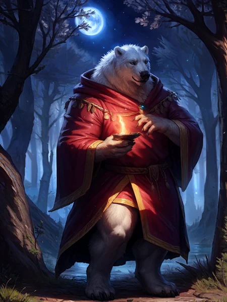 plump polar bear mage, detailed white fur, wearing mage robes, finger claws, holding object, outside, tree, at night, detailed background, by izrez, by taran fiddler, 4k