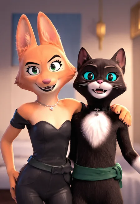<lora:DreamWorks_Furry_Mix:0.6>, score_9, score_8_up, score_7_up, score_6_up, duo, BREAK
source_furry, DianeFoxington, (front view:1.2), looking at viewer, smile, perfect face
BREAK
KittySoftpaws, black cat, green bandage on waist