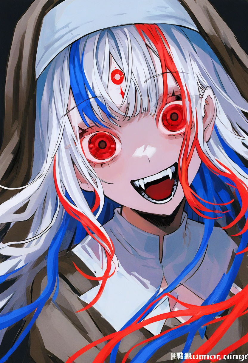 1girl, red eyes, solo, nun, habit, open mouth, looking at viewer, smile, long hair, blue hair, multicolored hair, white hair, fangs, bangs, red hair, :d, upper body <lora:shiunXL_NB11_lokr_V6311P:0.95>