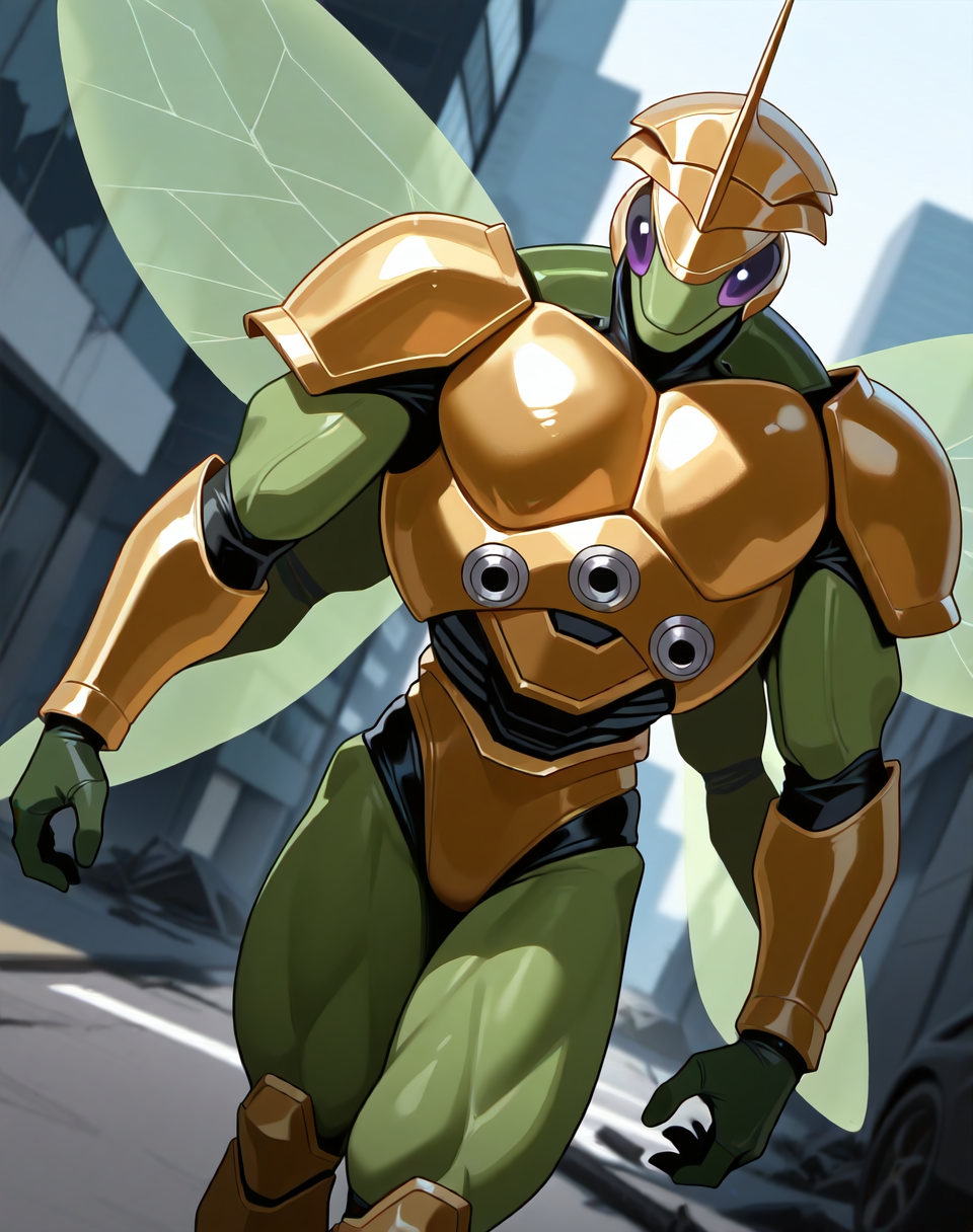 <lora:Ultimate_Katris_(Shinzo)_(Illustrious)_(AD):1.35> Ultimate Katris, muscular, mantis, Shinzo, 
((
exterior, bent leg, anime post apocalyptic city, destroyed buildings, destroyed skyscrapers, buildings laying at an angle or on the side, dutch angle, cowboy shot, 
dynamic action, insect anthro, male focus, strong warrior, manly, bounty hunter, villain, glossy gold armor, manly, masculine, perfect proportions, green body, glowing transparent wings, gold helmet, 4arms, protruding pecs, 
)), 
BREAK: very awe, aesthetically pleasing, masterpiece, best quality, amazing quality, very aesthetic, perfect depth of field shot, gradient coloring, subsurface reflections, 8K CGI render, photographic realism, 
masterpiece, best quality, amazing quality, very aesthetic, high resolution, ultra-detailed, absurdres, newest, scenery, {Prompt}, BREAK, detailed background, volumetric lighting,
BREAK: lazympos, lazypos (3),