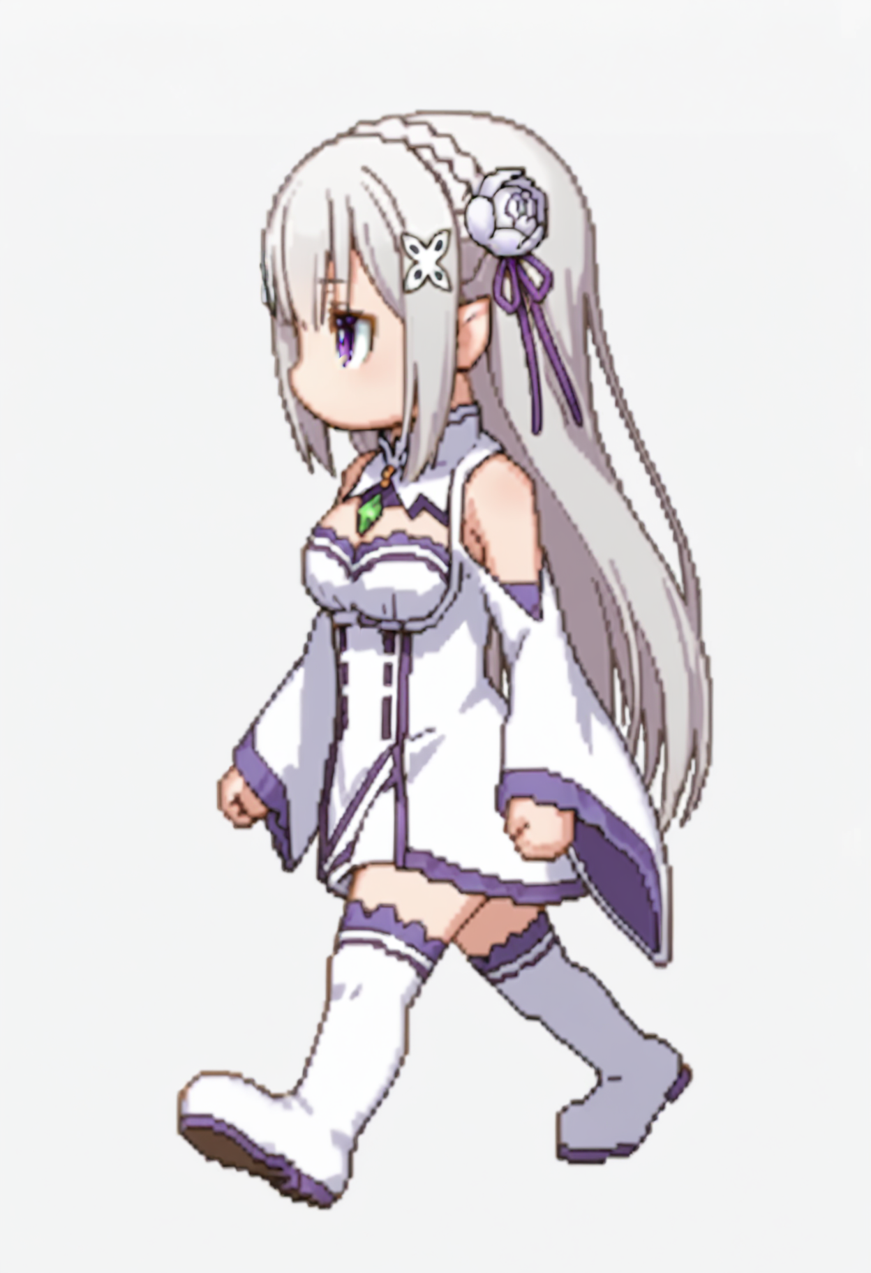 score_9, score_8_up, score_7_up, source_anime,
BREAK
<lora:shiSpriteV3:1.0>, rightwalkright, chibi, full body, looking to the side, from side, 
no mouth, medium breasts,  walking, 
simple background, white background, 
1girl, solo, anime screencap, anime coloring,
<lora:shiEmiliaV2:1> shimilia, long hair, grey hair, purple eyes, pointy ears, crown braid, hair flower, hair ribbon, purple ribbon, x hair ornament, white dress, bare shoulders, wide sleeves, white thighhighs, thigh boots,