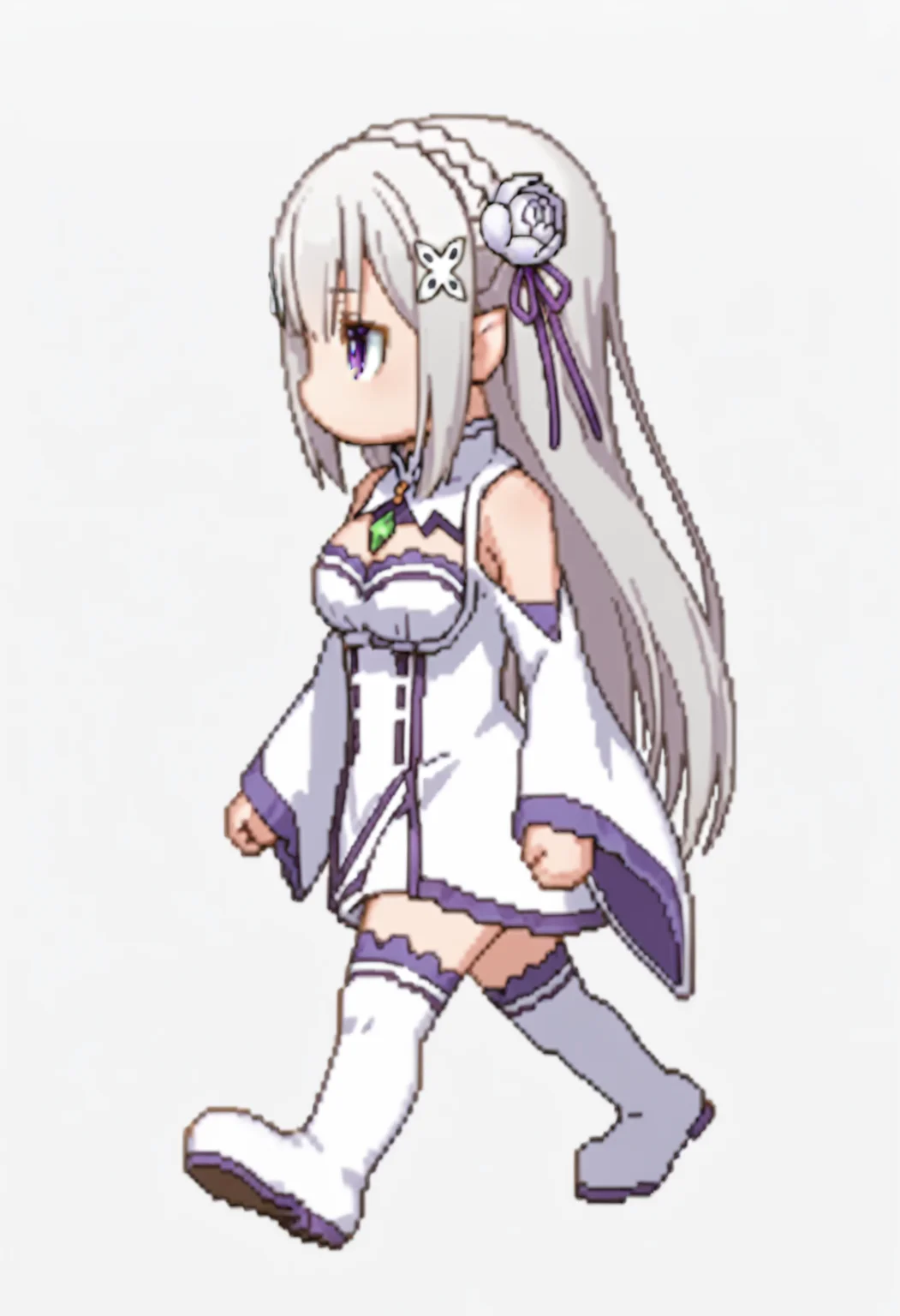 score_9, score_8_up, score_7_up, source_anime,
BREAK
<lora:shiSpriteV3:1.0>, rightwalkright, chibi, full body, looking to the side, from side, 
no mouth, medium breasts,  walking, 
simple background, white background, 
1girl, solo, anime screencap, anime coloring,
<lora:shiEmiliaV2:1> shimilia, long hair, grey hair, purple eyes, pointy ears, crown braid, hair flower, hair ribbon, purple ribbon, x hair ornament, white dress, bare shoulders, wide sleeves, white thighhighs, thigh boots,