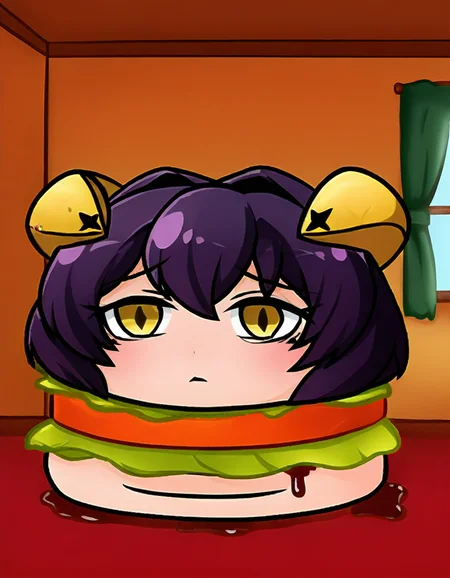 best quality, masterpiece, absurdres, detailed background, centered, centered, view,  1girl, inside, living room,
<lora:burgertf:1.3>, burger_tf, burger, dripping, cheese, food, no head, no arms, no legs,
 <lora:CHiiragi_Utena:0.8>, [c]hiiragi_utena, 1girl,short hair, yellow eyes, purple hair, horns