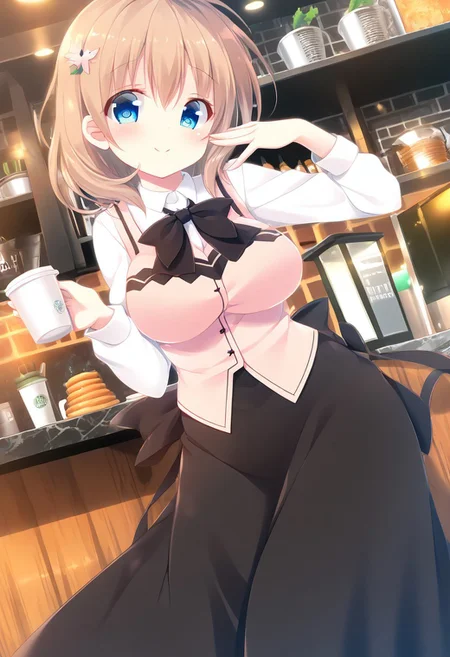 score_9, score_8_up, score_7_up, source_anime, best quality, masterpiece, BREAK, 
mitsumomo style, 
1girl, ctiank0k0a, (large breasts), blue eyes, light brown hair, medium hair, light brown hair, cherry-blossom hair ornaments, 
barista, dress shirt, long sleeves, pink vest, black skirt, long skirt, bowtie, 
smile, (strike a pose:1.3), head tilt, 
angle:random, 
cafe, warm light, sunlight,