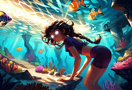 score_9, score_8_up, score_7_up, rating_safe, graphic novel, illustration, best quality, athletic woman, beautiful, braided brown hair, climbing, exquisite ruins, undersea ruins, worm's eye view, underwater caustics, underwater flora, tropical fish, vibrant colors, cinematic, bokeh, depth of field, 128k, UHD, ultra high res, fcDetailPortrait, (glowing white eyes:1.8), light radiating from eyes, light shining from eyes, prismatic light, fFaceDetail, SkinHairDetail, OverallDetail, LightningMagicAI, GlowingRunesAI_purple, WitchcraftPunkAI