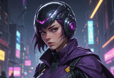 Concept art of a fighting game, female wears cyberpunk cyclops helmet, wears purple cape, volumetric light, detailed <lora:Modern_Cartoon_Style:0.3>, highly detailed, vibrant colors , 8k, sharp, professional, clear, high contrast, high saturated, vivid deep blacks, crystal clear