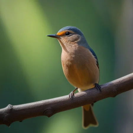 close-up A little bird on a tree branch, ultra detailed, cute, natural sunlight, forest environment, best quality, professional photography, masterpiece, life-like, taken with Canon EOS R5 Camera, 8k