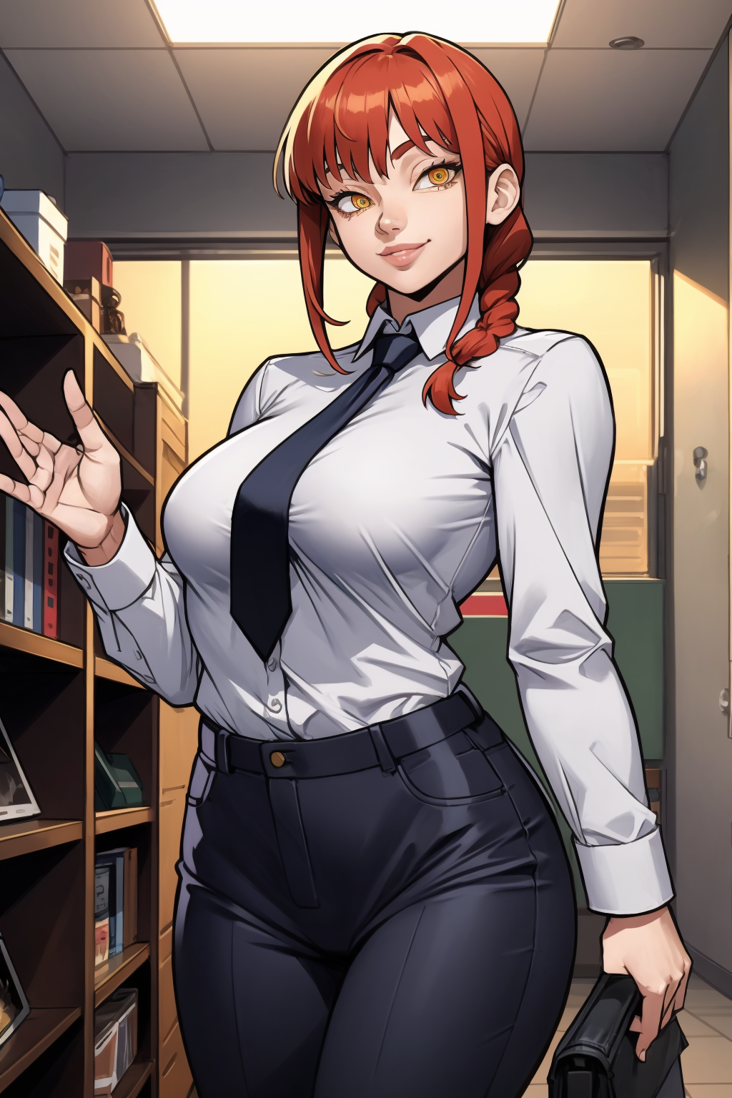 1girl, (solo:1.2), (standing:1.3), (posing for the camera:1.3), (cowboy shot:1.5), smile, happy, at ease, (curvy:1.2), (masterpiece:1.3), (best quality:1.3), (perfect anatomy:1.4), highly detailed, <lora:Yoshio (55level) [MockAI - v1.0]:1> 55level, semi-traditional artstyle, (clean lineart:1.3), (soft shading:1.2), expert shading, <lora:Makima [nochekaiser881 - v1.0]:0.8> makima, long hair, smile, bangs, (yellow eyes:1.2), braid, red hair, braided ponytail, ringed eyes, shirt, long sleeves, white shirt, necktie, collared shirt, pants, black pants, formal, suit, black necktie, shirt tucked in, office lady