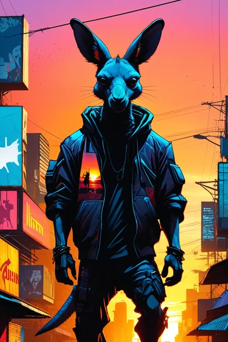 Detailed digital illustration of an anthro Kangaroo (Silhouetted against the sunset, dramatic backdrop) at a Cyberpunk alley with flickering electronic billboards, <lora:xl_more_art-full_v1:0.5>, <lora:anthro_muscular:0.7>, <lora:MJ52:0.6>, <lora:madpunk:0.4> madpunk
