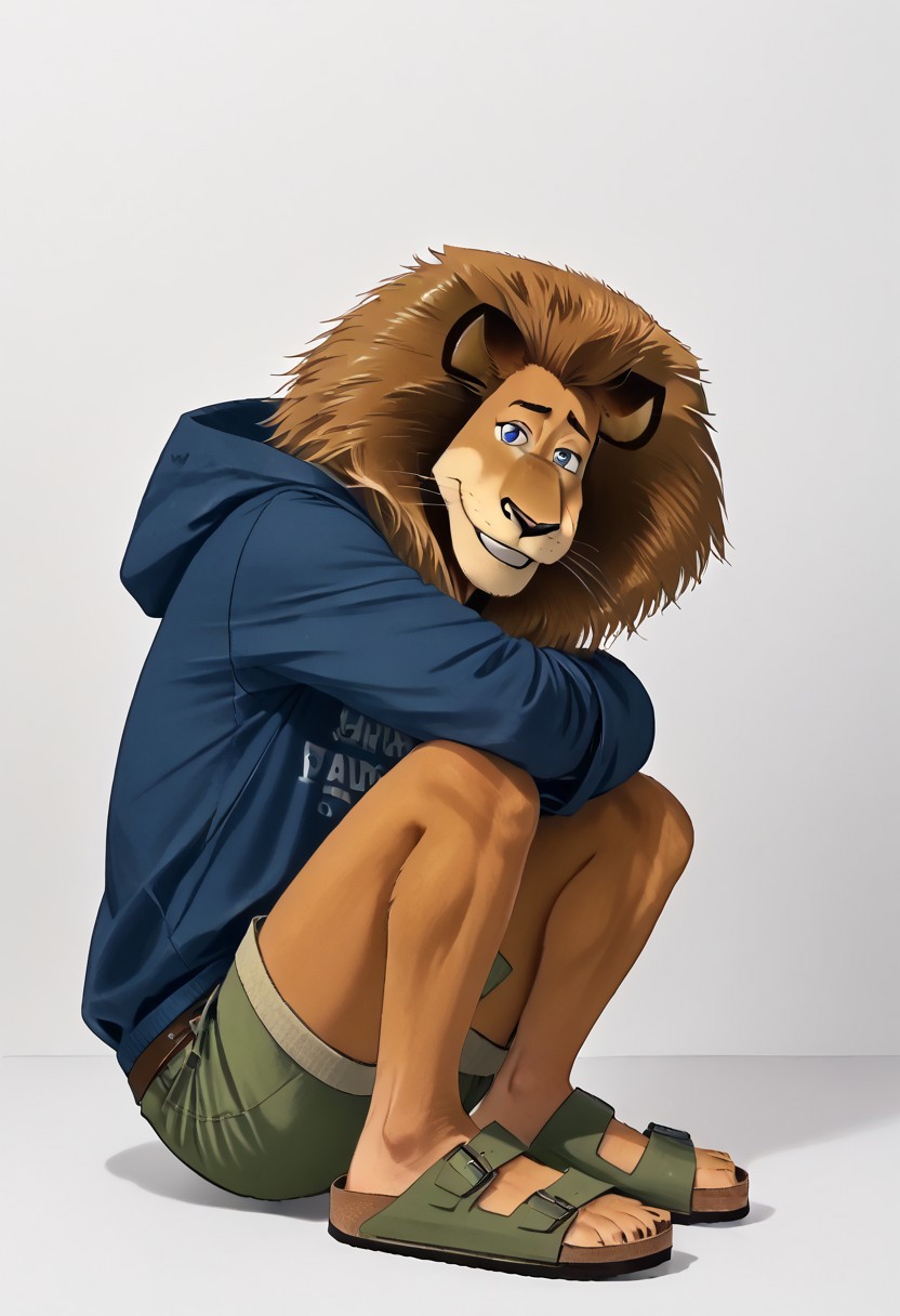 (((AlexLion, boy, young,cartoony proportions,correct anatomy,muscular body,biceps anatomy correct,extremely beautiful and cute face,perfect face,ultra quality face,8k eyes,perfect eyes,ultra quality eyes,(((perfectly detailed blue eyes))), (((high res eyes))),white iris with perfectly detailed pupils,ultra quality fur,soft and delicate fur,lion claws,black claws))), (((room background,windowsill, side view, sitting on the windowsill, around window,looking into the window, hugging his knees))), (((blue sweatshirt with long sleeves,hood on head,hood on mane, light green cargo shorts with brown belt, birkenstock,sandals,birksunworn,birksonfeet))), (((face focus,side view))), (((face focus,ultra detalization,perfect detalization,outstanding quality,perfectly detailed,ultra HD quality,photorealistic,ultrarealistic,highest resolution,ultra resolution,4k,8k,3D))). (((<lora:Alex_the_Lion_Madagascar_-_Pony_XL:1>))), AlexLion, Lion, boy, solo, blue eyes,1boy,chubby,muscular body, (((1boy, BL comic style cute boy Yaoi, hood on head, sitting on the floor, hugging his knees,<lora:knees-to-chest-ponyxl-lora-nochekaiser:1>, knees to chest, sitting, knees up, hugging own legs, cute smiling))),close-up of the face,full body view,AlexLion wearing light green cargo shorts.