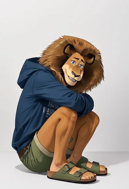 (((AlexLion, boy, young,cartoony proportions,correct anatomy,muscular body,biceps anatomy correct,extremely beautiful and cute face,perfect face,ultra quality face,8k eyes,perfect eyes,ultra quality eyes,(((perfectly detailed blue eyes))), (((high res eyes))),white iris with perfectly detailed pupils,ultra quality fur,soft and delicate fur,lion claws,black claws))), (((room background,windowsill, side view, sitting on the windowsill, around window,looking into the window, hugging his knees))), (((blue sweatshirt with long sleeves,hood on head,hood on mane, light green cargo shorts with brown belt, birkenstock,sandals,birksunworn,birksonfeet))), (((face focus,side view))), (((face focus,ultra detalization,perfect detalization,outstanding quality,perfectly detailed,ultra HD quality,photorealistic,ultrarealistic,highest resolution,ultra resolution,4k,8k,3D))). (((<lora:Alex_the_Lion_Madagascar_-_Pony_XL:1>))), AlexLion, Lion, boy, solo, blue eyes,1boy,chubby,muscular body, (((1boy, BL comic style cute boy Yaoi, hood on head, sitting on the floor, hugging his knees,<lora:knees-to-chest-ponyxl-lora-nochekaiser:1>, knees to chest, sitting, knees up, hugging own legs, cute smiling))),close-up of the face,full body view,AlexLion wearing light green cargo shorts.