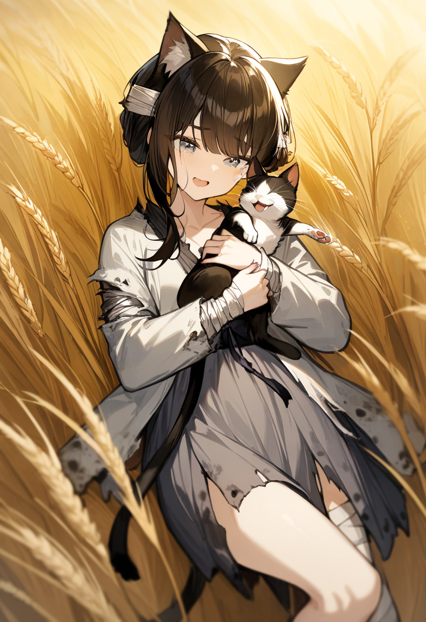 1girl,michiho,solo,
grey eyes, black hair,standing,cat ears, 
grey dress,long sleeves, bandages,torn clothes,hair ornament, bandaged leg,
on back,lying,holding cat, 
happy,open mouth, happy tears, 
Mature wheat field,Yellow Theme,
masterpiece, best quality, very aesthetic, absurdres,
<lora:michiho-000008:0.8>