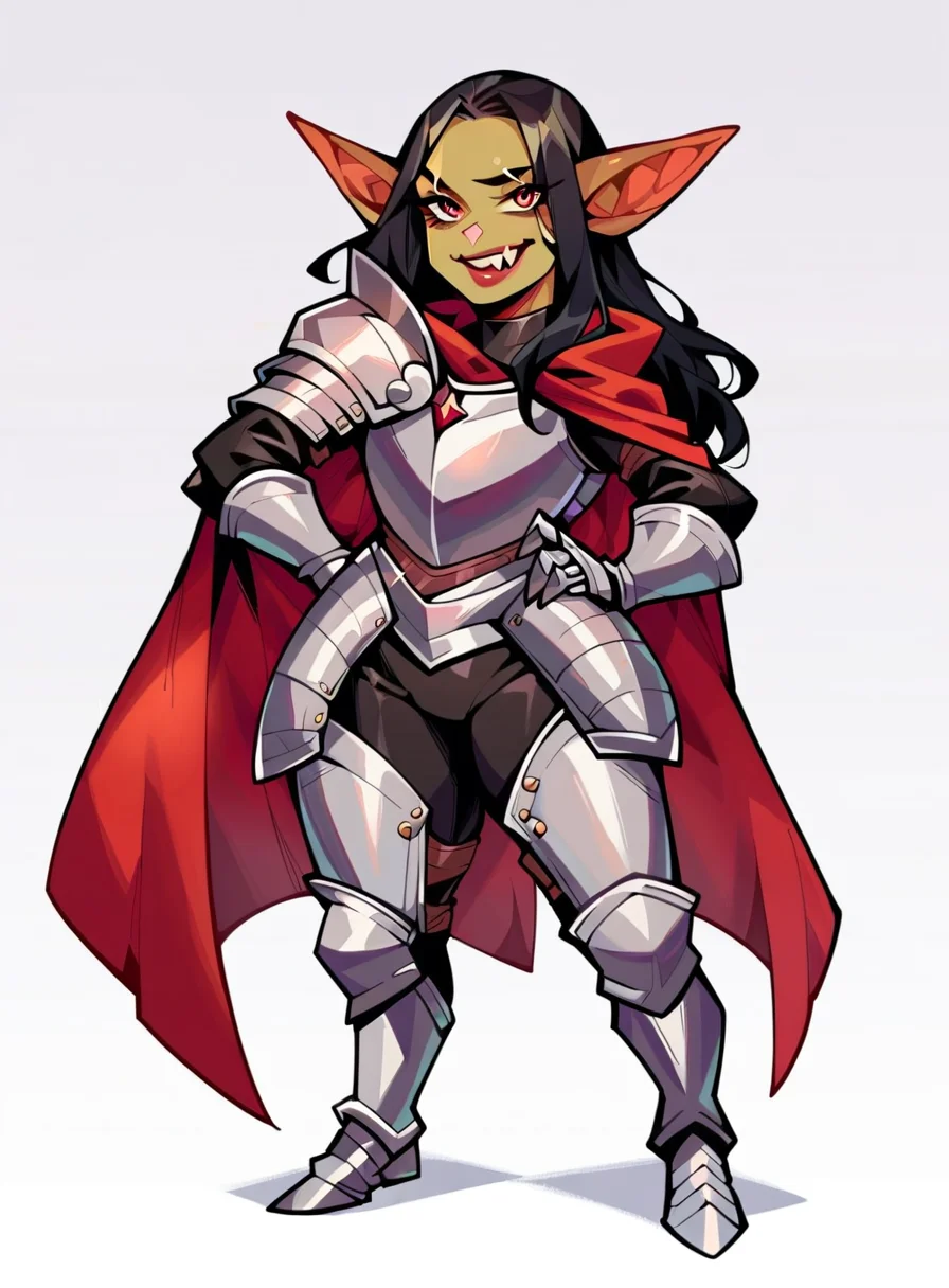 score_9, score_8_up, score_7_up, score_6_up, score_5_up, score_4_up, goblin girl, ((green skin)), beauty mars, unusual teeth, hand on hip, milf, simple background, beautiful, solo, standing, shortstack, long hair, black hair, armored boots, boots, plate armor, red cape, greaves, fur trim, 5 fingers , <lora:Knight Armor:1>