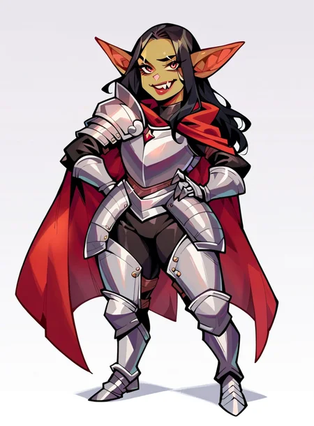 score_9, score_8_up, score_7_up, score_6_up, score_5_up, score_4_up, goblin girl, ((green skin)), beauty mars, unusual teeth, hand on hip, milf, simple background, beautiful, solo, standing, shortstack, long hair, black hair, armored boots, boots, plate armor, red cape, greaves, fur trim, 5 fingers , <lora:Knight Armor:1>