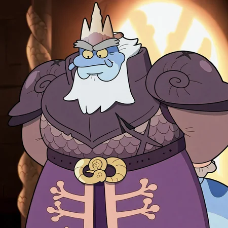 King Andrias, 1boy, solo, blue skin, yellow sclera, black eyes, crown, giant, very tall, stocky, muscular, crows feet, beard, white hair, dark purple armor that has an X shaped battle mark on the left abdomen, cuffs similar to a victorian aristocrat, pauldrons shaped like snail shells, gold snake belt, purple tunic, old man, tail, thick grey eyebrows, newt, metal boots, indoors, royal castle background, indoors, very detailed, highly detailed texture, (highly detailed face, (perfect face, perfect eyes)), depth of field, perfect soft lighting, best shadows, perfect reflections, volumetric, detailed image, high resolution,