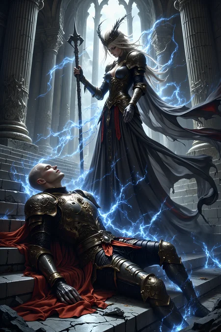 A hyper-realistic portrait, photorealistic photo close-up image of A middle-aged human knight, with short-cropped blond hair and tanned, battle-worn skin, lies sprawled across the marble steps of a crumbling temple floating in the sky. His once-gleaming, intricately designed armor, etched with swirling gold patterns, is dented and torn from battle, and his crimson cape is draped haphazardly across his broken form. Above him stands a graceful villainess, her ebony hair cascading down her back in intricate braids, her pale, almost translucent skin shimmering in the templeâs otherworldly light. She wears a long, flowing gown made of ethereal black smoke, constantly shifting and swirling around her form, and her head is adorned with a twisted silver crown. In one hand, she clutches a staff of dark crystal, its jagged tip crackling with malevolent energy, while her icy blue eyes regard the defeated knight with cold amusement. As she steps forward, the marble beneath her feet crumbles and reforms, responding to her power, while the sky around the temple shifts from day to night in an instant. The knight struggles to rise, his hand grasping at the shattered remains of his shield, but the villainess extends her staff, pinning him in place with a surge of dark magic. His strength fades, and the heroâs defeat is sealed beneath the ominous gaze of the floating temple. (photography, high-resolution, dynamic, energetic,hyper-realistic, dramatic lighting, shallow depth of field.), MythP0rt<lora:DnDDarkestFantasy:0.5><lora:FluxMythP0rtr4itStyle:0.75><lora:Dever_Flux_Enhancer:0.5><lora:Aura_Flux-000010:0.6>