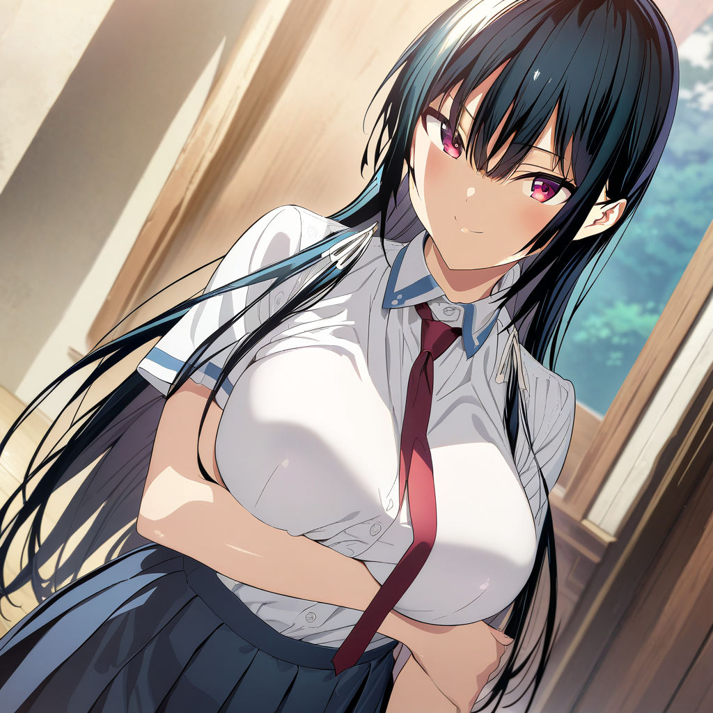 takamine_takane, long hair, black hair, red eyes, bangs, hair between eyes, large breasts, white shirt, red necktie, blue skirt, pleated skirt, cowboy shot, looking at viewer, smile, anime coloring<lora:XL-TakamineTakane:1>, (masterpiece),(best quality),(ultra-detailed),(best illustration),(best shadow),(absurdres),(detailed background),(very aesthetic),