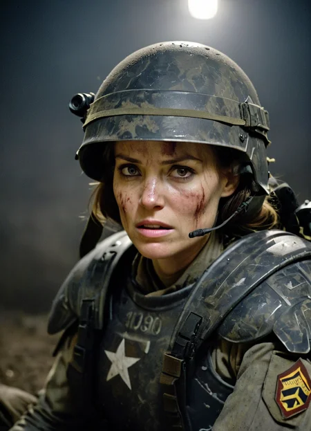 cinematic movie poster, close-up, headshot, uscmc woman sitting in cover at night after battle, warpaint, uniform, helmet, dirty uniform, scratches, dents, heavy used armor, smirk, foggy and dark, dramatic lighting, hard shadows,
<lora:United_States_Colonial_Marine_Corps_-_Aliens_SDXL:0.8>