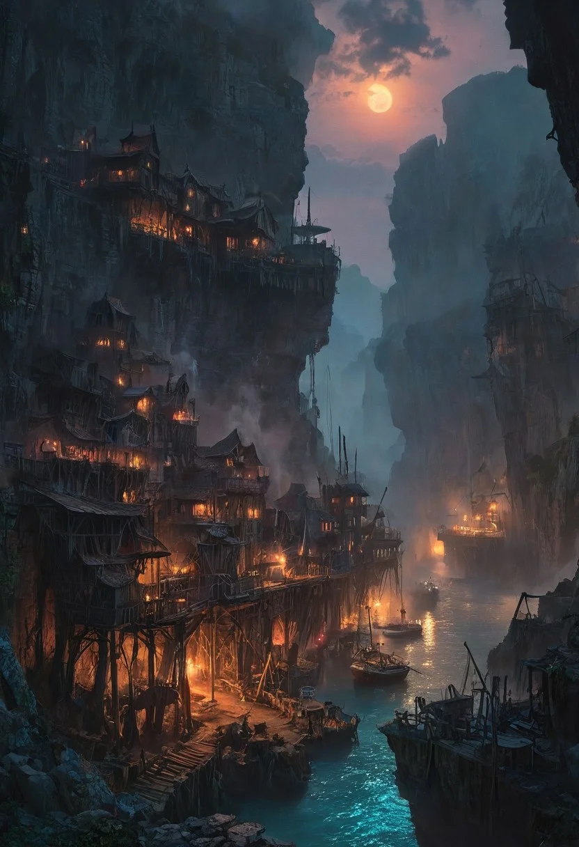 A rickety bridge stretches across a deep chasm, connecting two high cliffs that overlook a bustling port. Multiple galleons are anchored at the docks, their tall masts and intricate rigging silhouetted against a colorful sky. The vibrant hues of sunset blend with the darkening twilight, as the full moon begins to rise, casting a silvery glow over the scene. Smoke drifts lazily from the port, mingling with the thick mist that clings to the ground, creating an eerie and mysterious atmosphere. The overall setting is dark and foreboding, yet the moonlight and colorful sky add a touch of ethereal beauty.