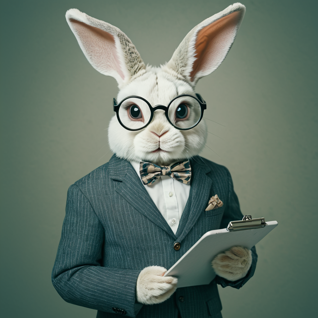 <lora:AnthropomorphicSDXL:1> Anthropomorphic, cinematic setting, The image shows a rabbit wearing glasses and a suit holding a clipboard in its hands. The rabbit has a friendly expression on its face and its ears are perked up. Its eyes are wide and alert and it appears to be writing something on the clipboard., rabbit, glasses, clothed animal, bowtie, no humans, bow, animal, solo, formal, animal focus