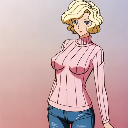 <lora:lori&loumazinkaiser_pony_v1:.7>  Lori&LoruMazinKaiserPinkDress, 1girl, blonde hair, medium breasts, short hair, blue eyes,  cowboy shot, sweater, jeans