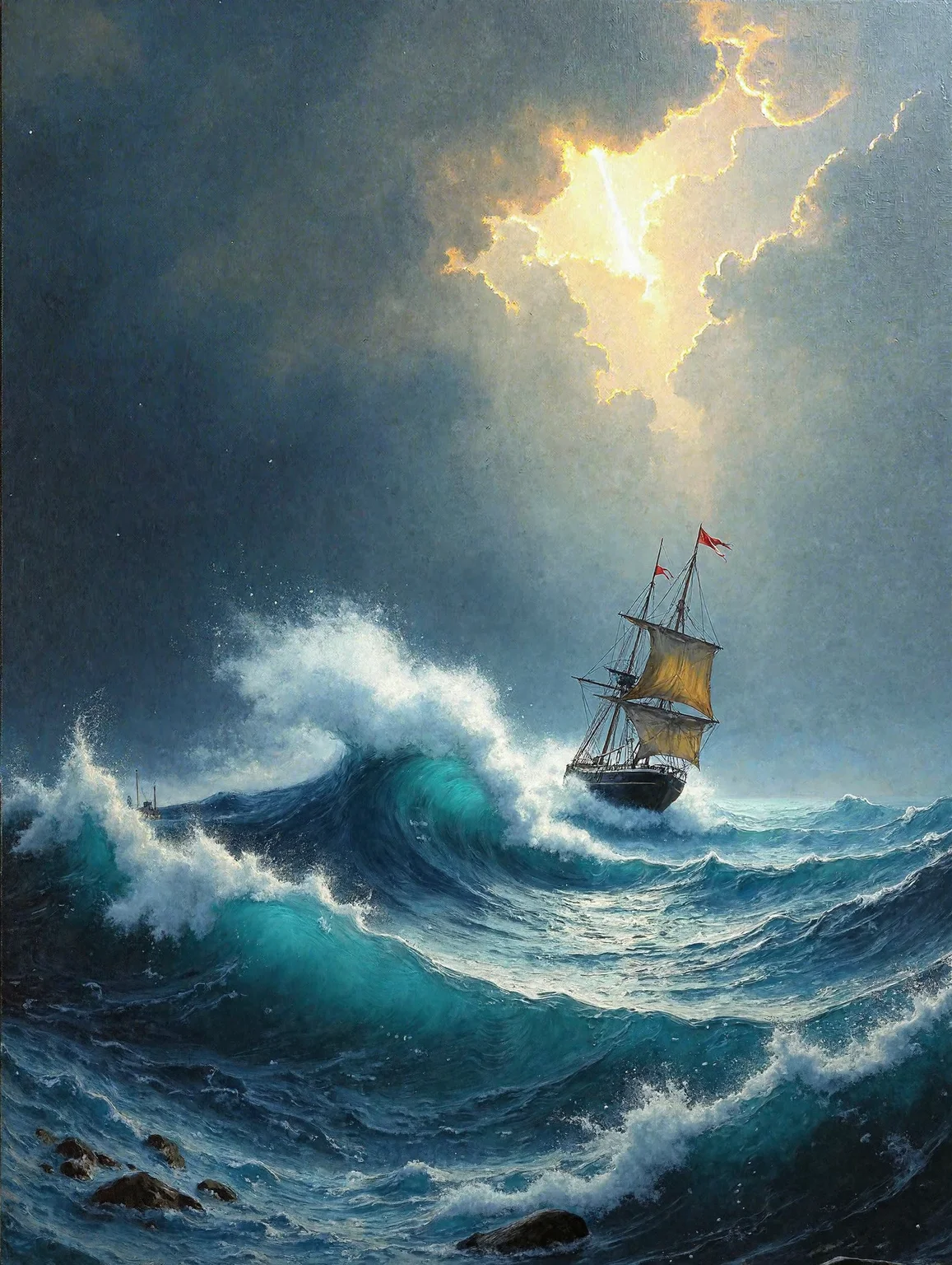 drawing in the style of Ivan Aivazovsky depicting a stormy sea. Image is drawn with oil on canwas with characteristic brush strokes and texture. Colossal waves ravage the scene under dark clouds with sigle streak of light coming through the opening highlithing a lonely ship trying to survive the weather.