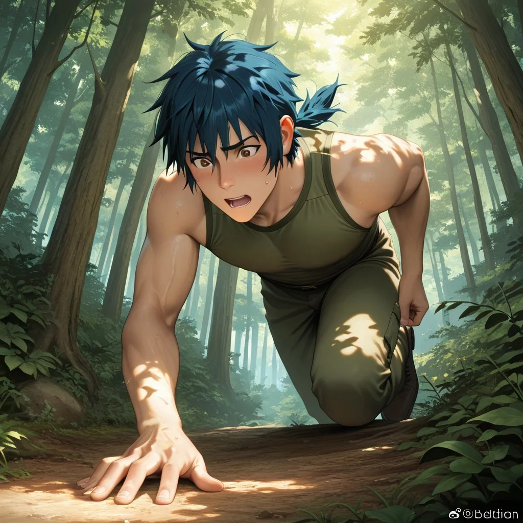 masterpiece, best quality, amazing quality, absurdres, newest, detailed background, definition so sharp, Ultra-HD, 8K cinematic, very awa, impressionate, amazing quality, highres,
solo, male focus, manly,
daikakukokujouji, 1boy, short hair, tied hair, low tied hair, lieutenant_pretime, lieutenant_blue hair, lieutenant_brown eyes, climbing, excited expression, but slipping, forest, sunlight, dappled light, energetic, adventurous, clumsy, charming, youthful