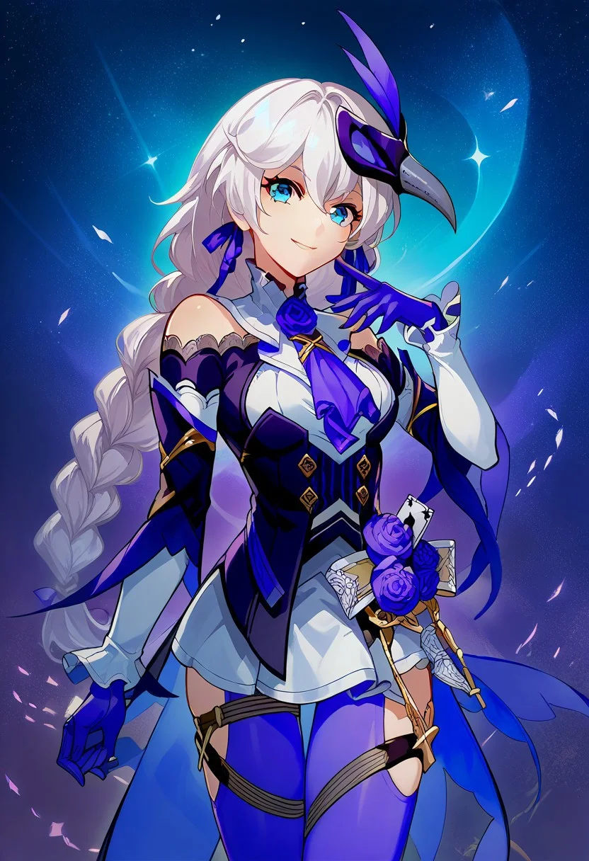 score_9, score_8_up, score_7_up, source_anime, good anatomy, vibrant colors, 1girl, solo, KallenRogueSixthSerenade, white hair, braided hair, blue eyes, hair between eyes, violet hair ribbon, violet ascot, violet roses, white collar, frilled collar, white undershirt, dark purple overshirt, golden buttons, bare shoulders, shoulder cutout, white sleeves, purple gloves, white skirt, miniskirt, purple pantyhose, thigh cutouts, cards, thigh straps, raven mask, purple feather, standing, official art, smiling, posing, contrapposto, starry sky background