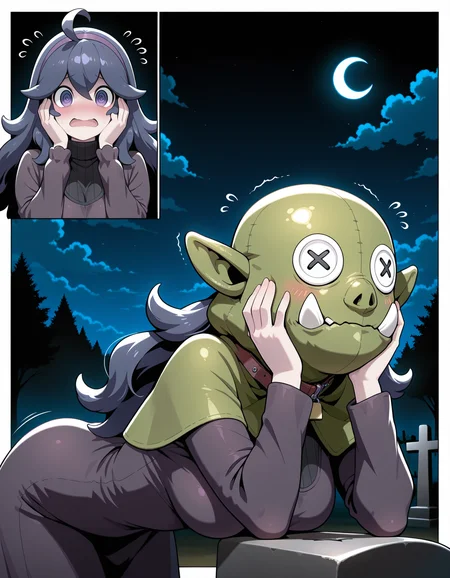 1girl,solo,
(inset:1.2),black background, comic, no mask,
blush, embarrassed,
orcish, mask,cosplay, covered face, animal collar, green capelet, hooded capelet, hood up, from behind, english text, "TRICK ME",
outdoors,night,Halloween,graveyard,starry sky, crescent moon, bat \(animal\), tree, cloudy sky,
flying sweatdrops,hands on own face,trembling,
standing, bent over, leaning forward,  ,?,??,confused,from side,
masterpiece,best quality,amazing quality,very aesthetic,absurdres,newest,
<lora:reduce_wrinkles_illstriouosv0.1_ADDifT_2_in_1_v1.2:0.8>,
<lora:99coins_reverse_orcish_IL_v14_09:1.0> ,
,hex maniac \(pokemon\), purple_hair, long_hair, messy_hair, ahoge, purple_eyes, @_@, large_breasts, purple_dress, hairband, turtleneck_sweater, black_sweater, open_mouth, long_sleeves