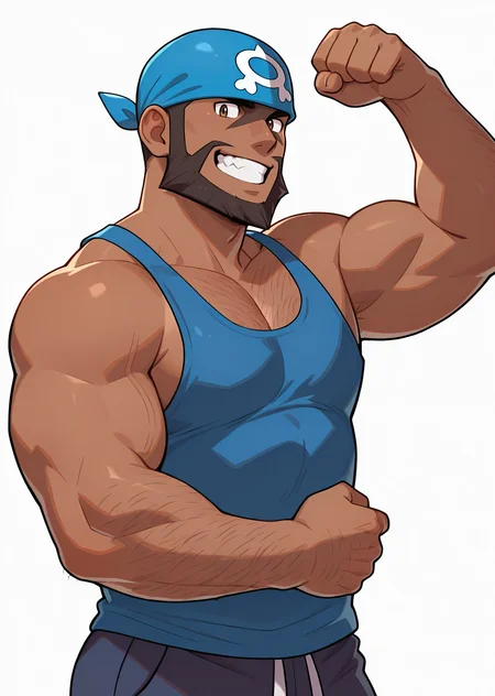 <lora:Archie_IL:0.99> archiepokemon, 1man, dark skin, beard, blue bandana, bara, muscular, tank top, hairy, wrinkles, man on 40s, brown eyes, facial mark, standing, looking at viewer, happy, grinning teeth, pose, white background, pose