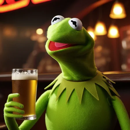 Kermit1024,a muppet frog, full body, drink beer in a pub, neon lights sign "Kermit" , highly detailed, photography, ultra sharp, film, bokeh, professional, 4k <lora:add-detail-xl:1.5> <lora:Kermit1024:0.8>
