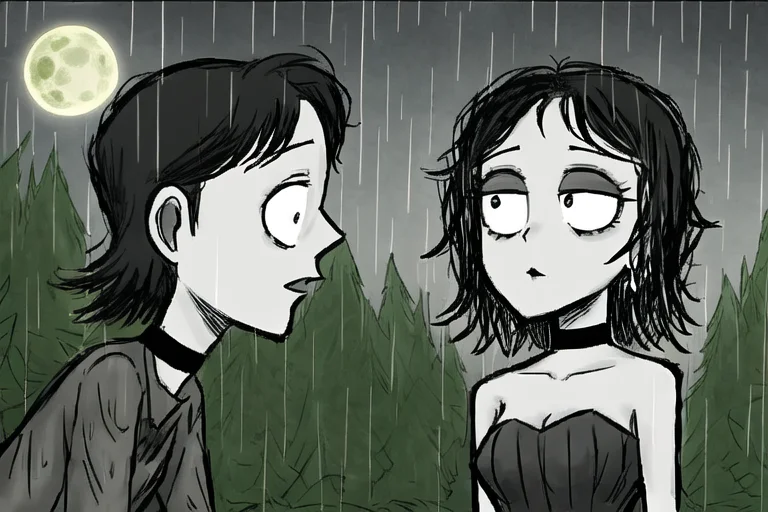 burtonesque, monochrome, gothic, choker, dress, muted colors, full moon, forest, rain, medium hair, detailed <lora:burtonesque2:0.75>