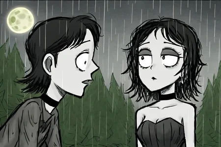 burtonesque, monochrome, gothic, choker, dress, muted colors, full moon, forest, rain, medium hair, detailed <lora:burtonesque2:0.75>