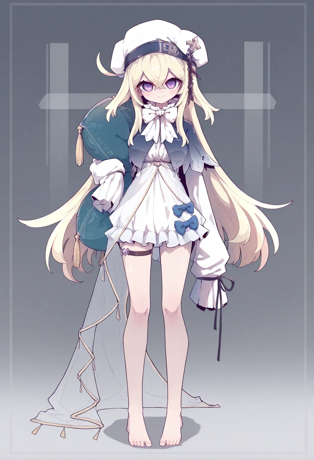 1girl,
solo, barefoot, long hair, purple eyes, blonde hair, sleeves past wrists, white bow, thigh strap, full body, bow, white headwear, dress, white dress, crossed bangs, looking at viewer, hat, standing, hair between eyes, long sleeves, white bowtie, sleeves past fingers, holding, pillow, bowtie, beret, capelet, ribbon, frills, very long hair, straight-on, blue bow, bare legs, closed mouth, smile, black ribbon, blush,
.
masterpiece, best quality, very aesthetic, absurdres
<lora:仿²¢forNoob:0.95>