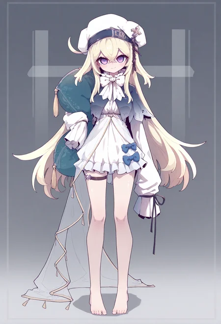 1girl,
solo, barefoot, long hair, purple eyes, blonde hair, sleeves past wrists, white bow, thigh strap, full body, bow, white headwear, dress, white dress, crossed bangs, looking at viewer, hat, standing, hair between eyes, long sleeves, white bowtie, sleeves past fingers, holding, pillow, bowtie, beret, capelet, ribbon, frills, very long hair, straight-on, blue bow, bare legs, closed mouth, smile, black ribbon, blush,
.
masterpiece, best quality, very aesthetic, absurdres
<lora:仿²¢forNoob:0.95>