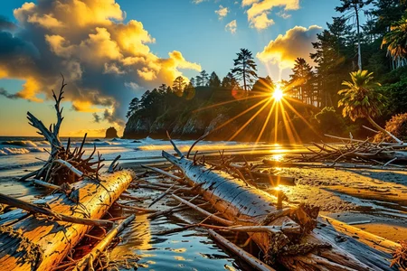 A professional landscape photography  On a driftwood-strewn Oregon coast beach where coastal firs mingle with a few tough palms, At late morning, (rare sunburst:1.1) sun pierces through clouds, crisp palm shadow patterns flick across logs, waves sparkle under brief clarity. ,, Masterpiece,best quality,realistic,HDR, 8K, masterpiece, absurdres, highly aesthetic,realistic anatomy,focus on realism and natural details, fine details