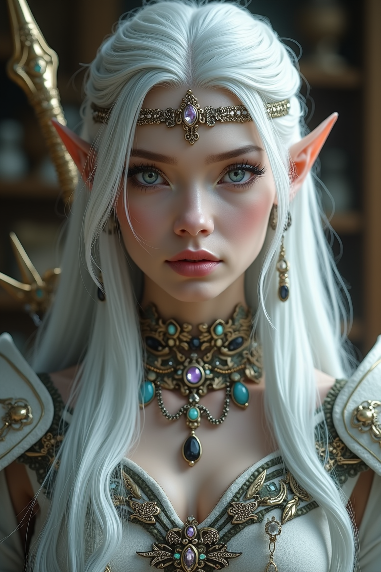 A close-up shot of a female elven archer with white hair cascading over her shoulders, silver eyes that reflect wisdom and strength, and pale gray-white skin. She wears meticulously detailed attire, adorned with luxurious accessories and exquisite jewelry that highlight her noble origins. Her sharp eyes and determined expression convey an aura of unwavering focus. The setting is a richly decorated weapon shop, filled with finely crafted weapons and ornate artifacts. The scene is captured in a hyper-realistic, dreamy fantasy style, with enhanced sharpness and vibrant details that bring out the elegance and intensity of the character.
