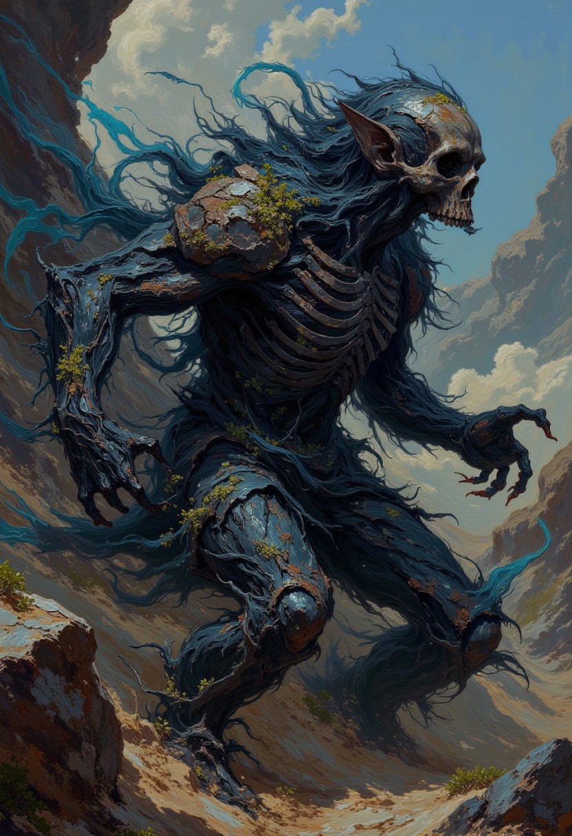 detailed photorealistic image, closeup portrait of (evil (stone being:0.7), (golem:0.9), corrupted, hovering stones and dirt forming the rough shape of a (human:0.7), (hair:0.2), corrupted grey (skin:0.7) made of dirty-stone, (lichen:0.4), horror, (stone skull:0.4), (obsidian:0.3), flowing with (grey:0.3) magic, magical lichen, swirling transparent dark blue magic, stone skeleton, dramatic angle, (extreme angle shot), epic fantasy, (hands:0.7) and (legs:0.7) made of rocks, (head:0.4) made of geode, close-up, (oil painting), in (ukiyo-e style:0.8), (by Edgar Degas:1.1), (by Pierre-Auguste Renoir:0.7), (by Claude Monet), (by Vincent Van Gough:1.2), directional lighting, masterpiece, perfect composition,