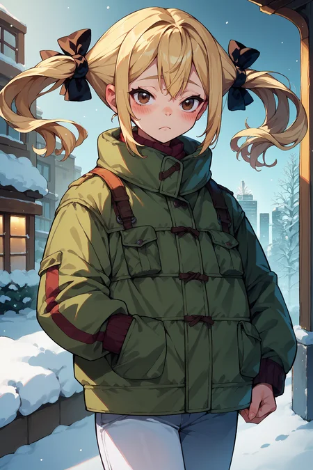 score_9, score_8_up, score_7_up, score_6_up, source_anime, 1girl, solo, <lora:rnfrau-pdxl-nvwls-v1-000005:1> rnFrau, blonde hair, twintails, brown eyes, hair ribbon, puffy jacket, white pants, winter, snow, looking at you, blush, city