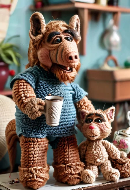 Crocheted alf Alf1024 eating a cat in a vintage livingroom