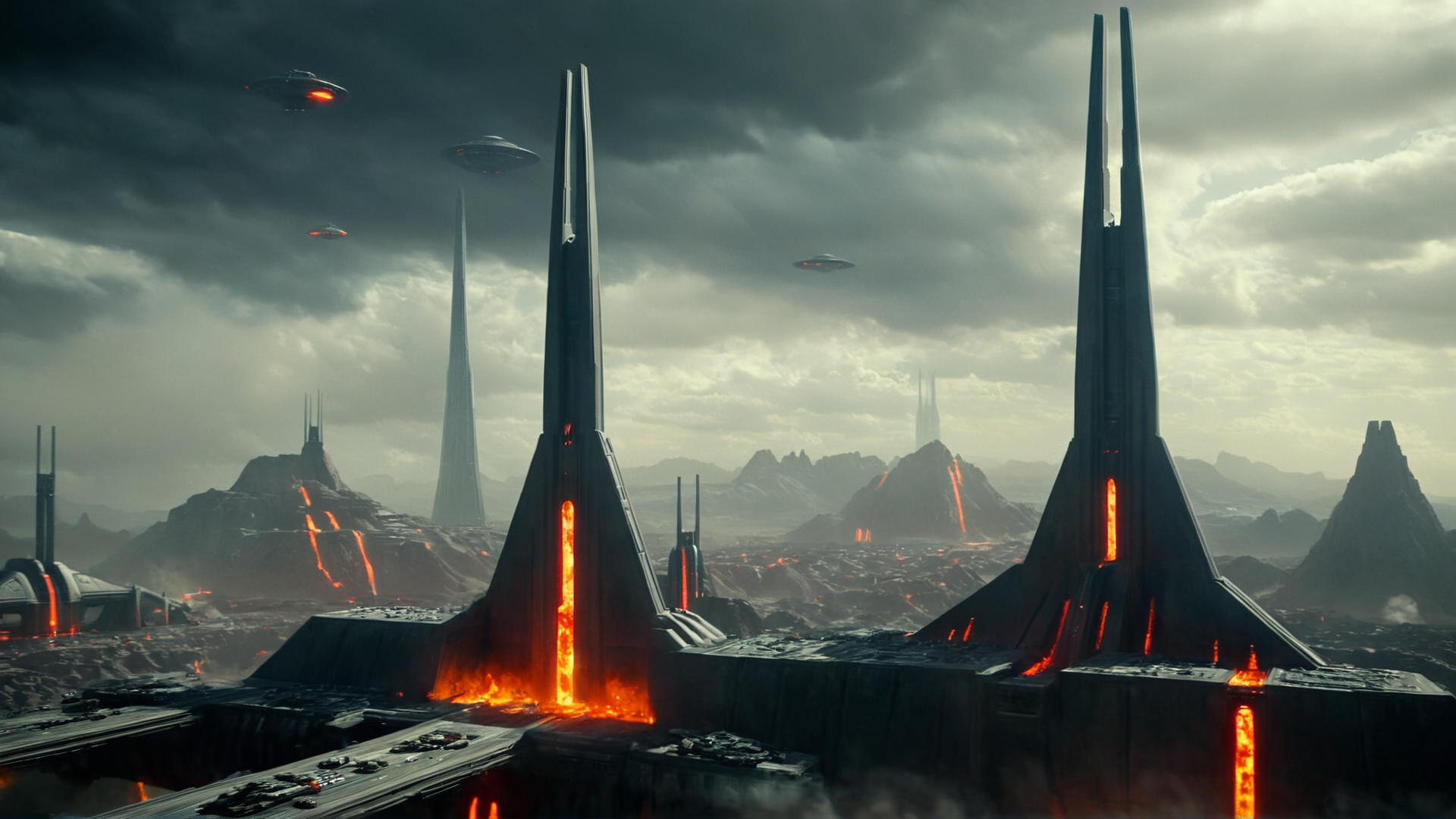 cinematic film still of  <lora:star wars style:0.2>
<lora:detailed:0.4> detailed
<lora:perfection style:0.4> perfect
<lora:PerfectEyesXL:0.5>
 <lora:Chiaroscuro Lighting Style:0.3>
 <lora:Mustafar:0.9>
Mustafar a futuristic city with a tower in the middle,in star wars style,outdoors,sky,cloud,no humans,cloudy sky,building,scenery, shallow depth of field, vignette, highly detailed, high budget, bokeh, cinemascope, moody, epic, gorgeous, film grain, grainy