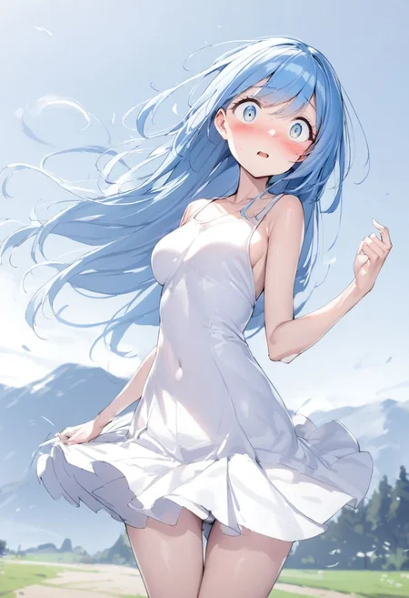 masterpiece, best quality, very aesthetic, absurdres,
1girl, solo, outdoors, heavy wind, wind lift, blown skirt, panty, surprised, blush,
very long hair, blue hair, middle breasts, skinny,
, clear eyes,
zmzq