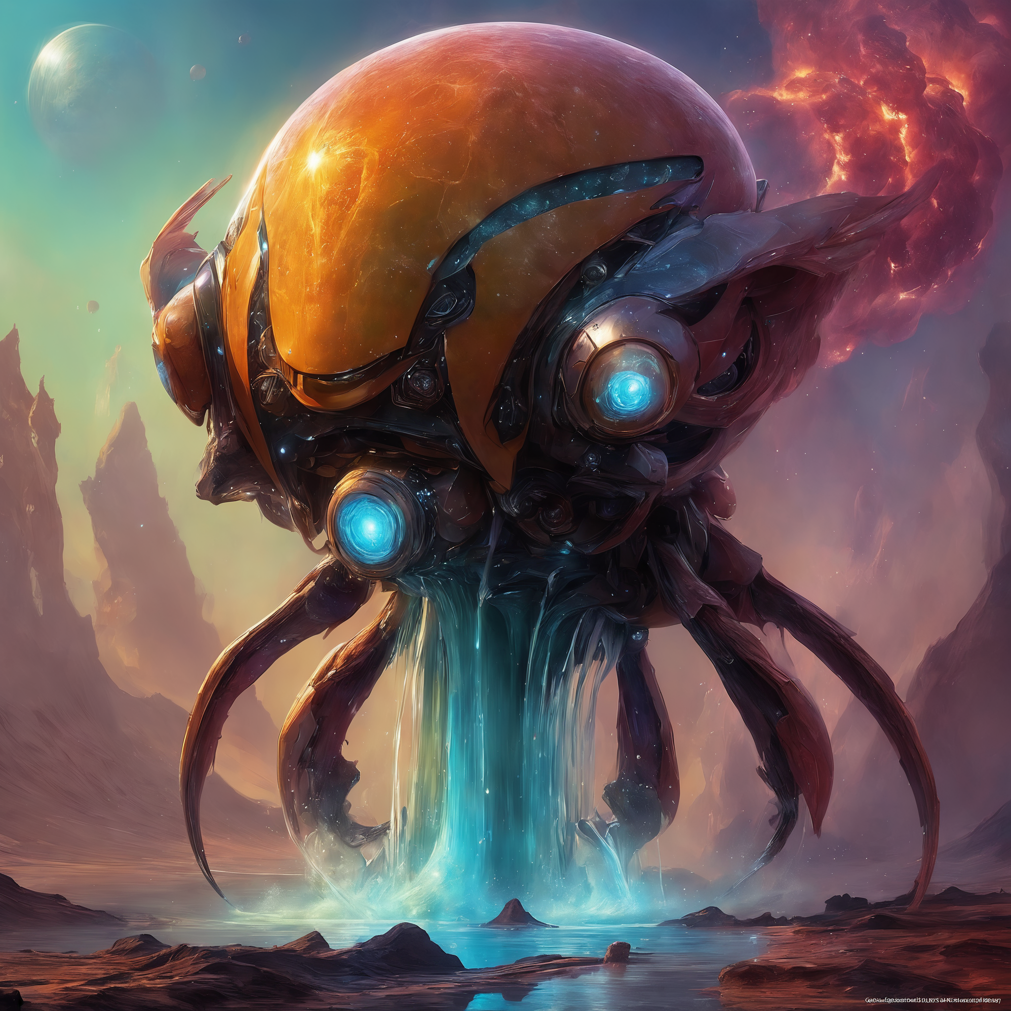 <lora:add-detail-xl:2.0>, famous artwork (by karl kopinski:1.2), (fractal art:0.6), fantasy style, seen here is the wondrous (amphibic:1.2) lop-eared etherhopper with its florbyflunked flibberjib and (sleek, streamlined features:1.2). it prefers to sprindle next to one of the colorful and frequently (erupting geysers:1.4) of the gunderpoured exoplanet dorfshnupf x, masterpiece, best quality