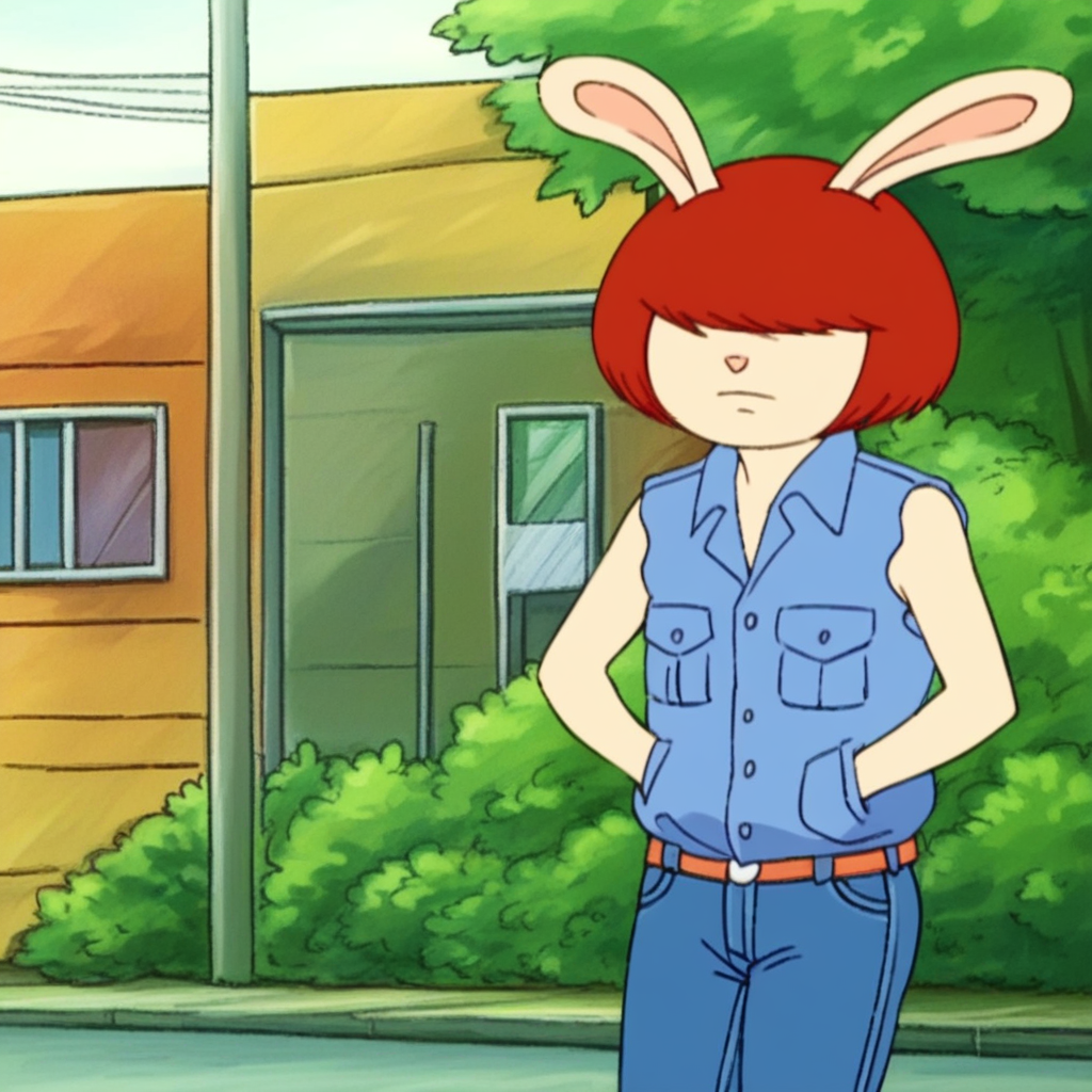 score_9, solo, rabbit girl, rabbit ears, hair over eyes, short hair, denim, jeans, sleeveless, outdoors, hands in pockets