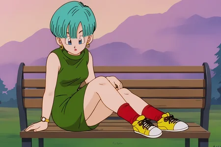 source_anime, score_9, score_8_up, score_7_up, anime screencap, high quality, 8k, absurdres, official style, 
bulma, buu saga, short hair, bowl cut, aqua hair, blue eyes, bangs
hoop earrings, short dress, bare shoulders, sleeveless dress, green dress, wristwatch, socks, red legwear, sneakers, yellow footwear,
lying on bench, arm support, park, nature, tree, on side, knee up,
 <lora:bulmaDBZ_pony_v2:0.8>