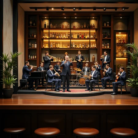 A miniature diorama of a big band performing on a stage placed on the counter of a stylish bar. A total of 17 members, dressed in matching suits, sit on a stepped stage. 4 trumpets, 4 trombones, 5 saxophones, piano, bass, drums and guitar. A supreme artistic moment where everyone is immersed in the joy of sound. A magical evening, a conductor, <lora:Flux.1_Turbo_Detailer:0.7>, <lora:Diorama_Flux:0.9>